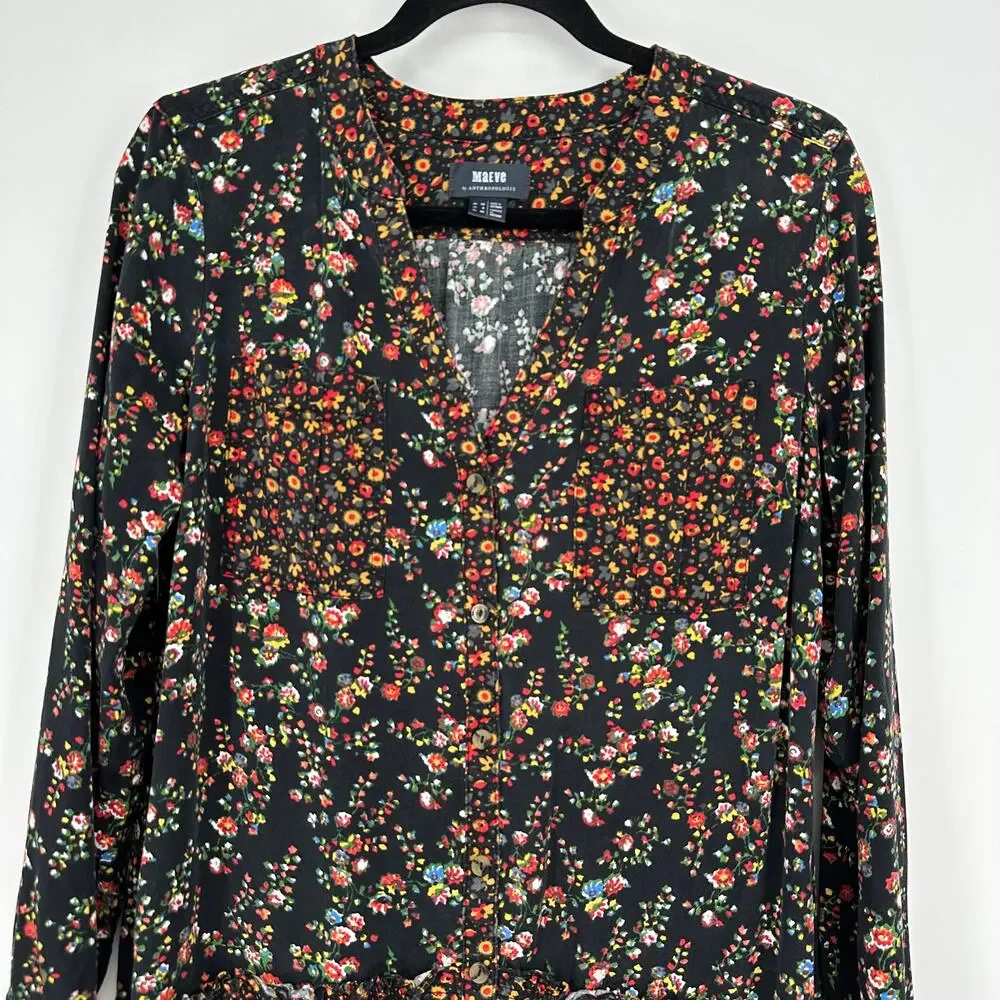 Anthropologie Maeve Marlie Button-Front Chambray Tunic Mini Floral Womens 6